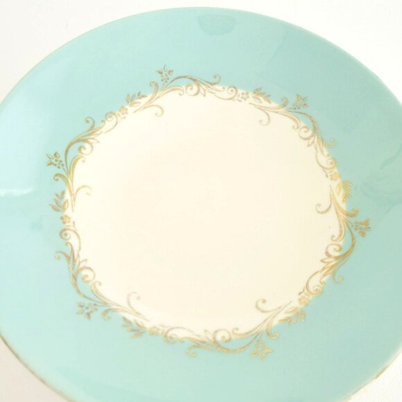 Lifetime China Homer Laughlin Soup Bowl Gold Crown Aqua Boarder Gold Scrolls MCM - Picture 2 of 13